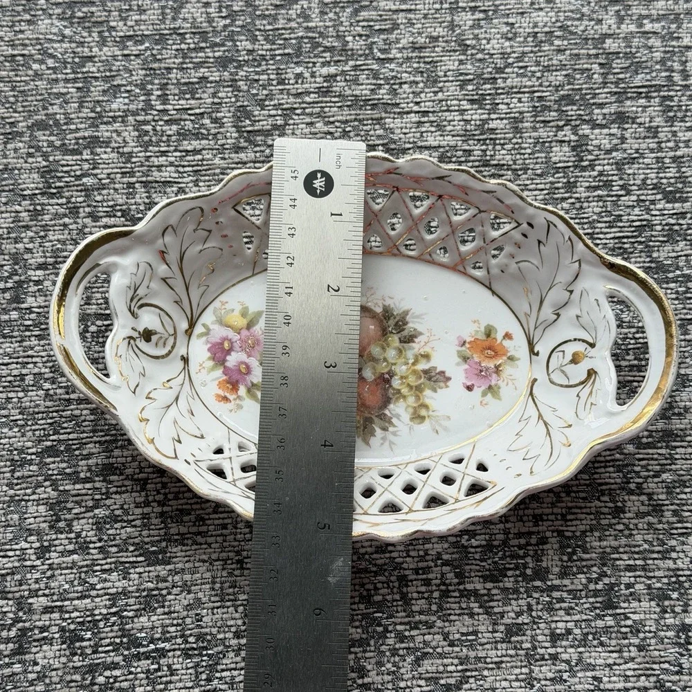Vintage Reticulated Porcelain Trinket Dish Gold Trim Floral Vanity Tray Handles